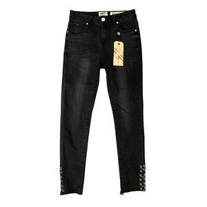 Denim Blvd Jeans Womens 3 Black Skinny Leg Frayed Grommet Rings Distressed Denim